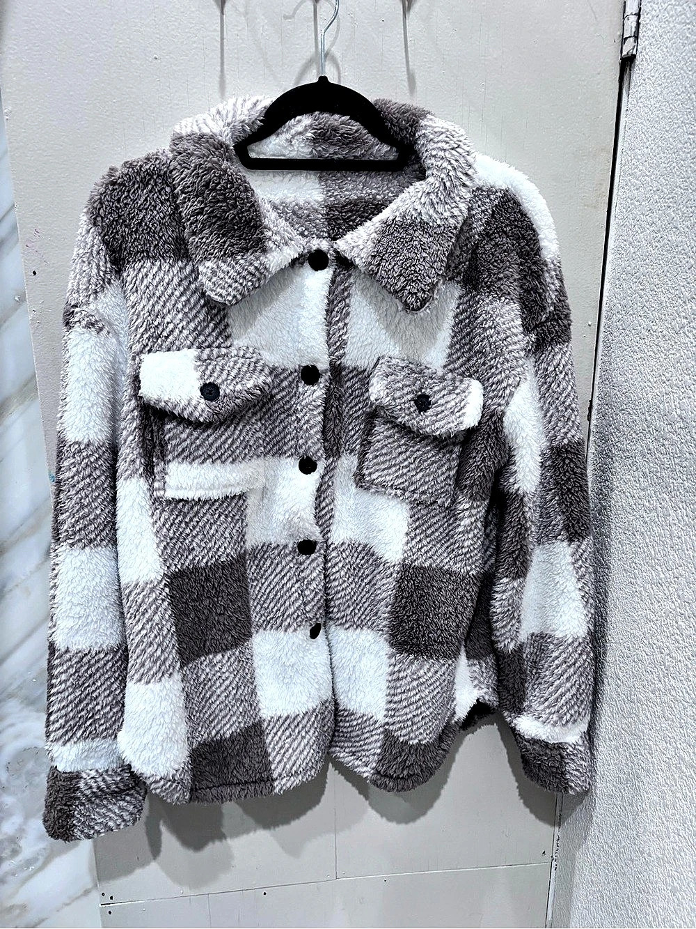 Women's Plaid Teddy Jacket Brown & White Size Medium